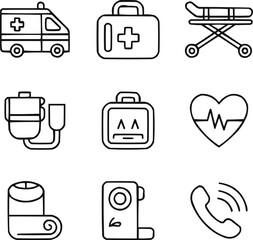 Emergency and Ambulance Line Icon Collection First Aid, Rescue, and Medical Help