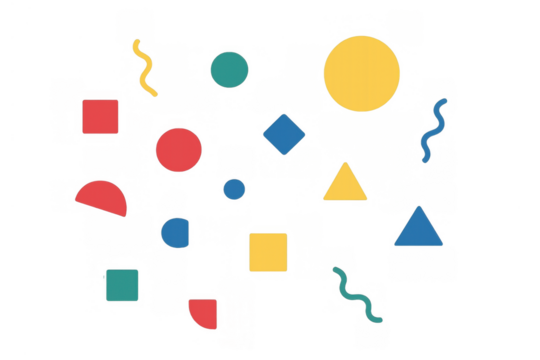 Colorful geometric shapes and abstract elements falling, creating a fun, dynamic celebration background on transparent