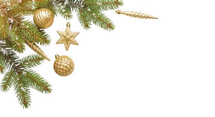 Christmas ornaments pine branches and festive lights on white surface isolated on transparent background