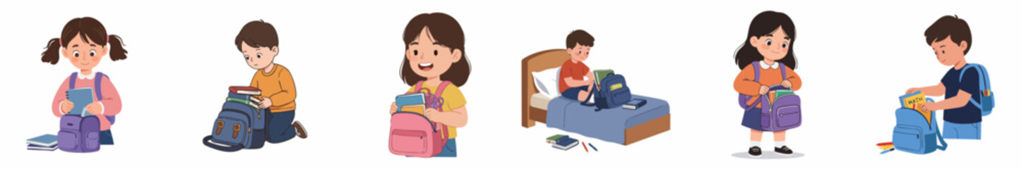 Cute Cartoon Diverse Children Packing School Bag Preparing for School Illustration
