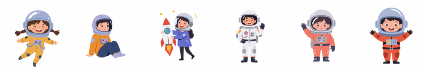 Cute Cartoon Style Little Girl Astronaut in Different Poses Illustration