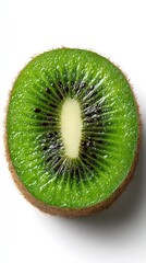 Close-up of a kiwi fruit, sliced in half, revealing its juicy green flesh and black seeds. The texture of the fruit and the vibrant color create a refreshing look.