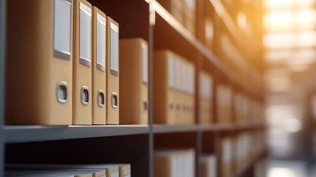 Organized archive featuring rows of file folders on shelves, backlit by sunbeams. Documents are systematically arranged for efficient record-keeping in a professional setting.