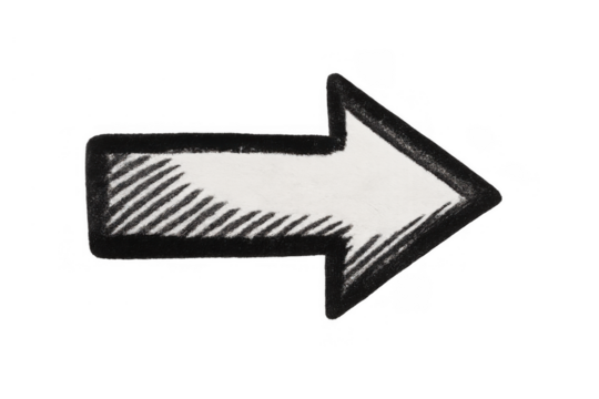 Hand drawn chalk arrow pointing right, depicting direction, progress, and growth on a transparent background