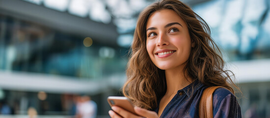 Attractive faceless young brunette woman using and texting on smartphone mobile device 5G digital communication online social media urban city banner technology lifestyle