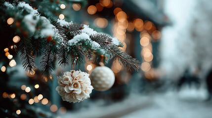 Snow-covered evergreen branches adorned with decorative ornaments, creating a festive atmosphere with blurred lights in the background, capturing the essence of winter celebrations