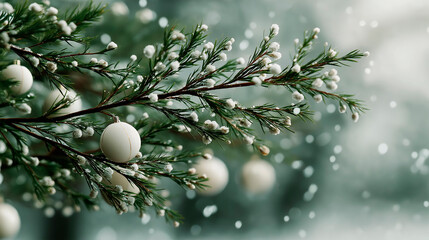Evergreen branch adorned with white ornaments, surrounded by softly falling snowflakes, creating a serene winter atmosphere, perfect for holiday-themed visuals and seasonal celebrations