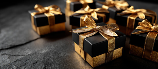 Black gift boxes arranged elegantly on dark background surface Black Friday discounts concept luxury packaging holiday presents retail promotion sale event premium gifts