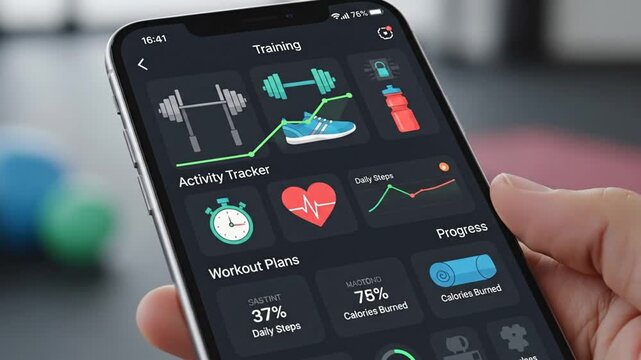 Fitness App Interface on Smartphone Tracking Workout Progress and Activity Level with a User-Friendly Design