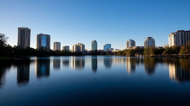 City skyline reflection on calm lake at sunrise. Modern architecture mirrored beautifully on water. Urban nature scene, serene and scenic. Clear blue skies above. - Powered by Adobe