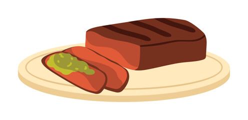 Traditional Argentinian steak with chimichurri sauce on a plate, isolated on white background vector illustration