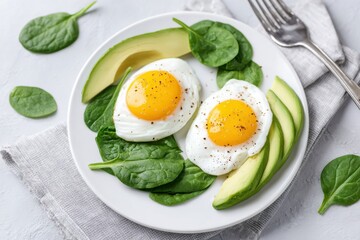 Minimalist keto breakfast featuring poached eggs on fresh spinach and avocado slices, showcasing healthy eating and vibrant colors in a clean, modern setting with copy space