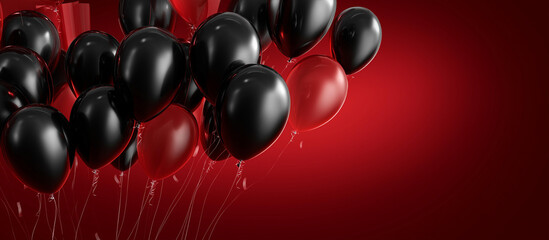 Black Friday sale promotional banner with dark shiny balloons on red background with place for text festive decoration retail marketing discount event shopping promotion