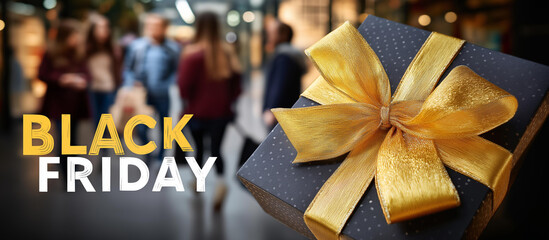 Dynamic Black Friday promotional banner overlooking bustling shopping mall faceless shoppers eagerly exploring discounts deals retail excitement energy major shopping event con