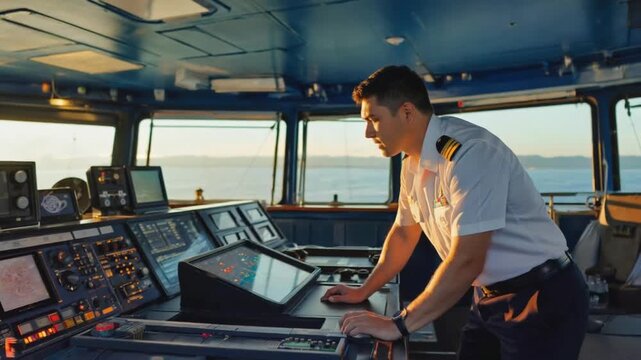 Ship captain on the bridge.	
