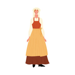 Fototapeta premium Smiling woman in classic Belgian folk dress and bonnet standing isolated on white vector illustration