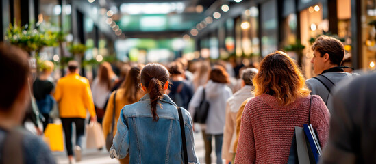 Busy shopping mall filled with faceless consumers taking advantage Black Friday sales holiday shopping hustle bustle numerous stores advertising discounts promotions retail