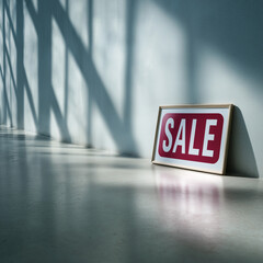 Framed sale sign with bold red letters rests on a concrete floor, illuminated by natural light streaming through large windows, creating an atmosphere of excitement for Black Friday shopping