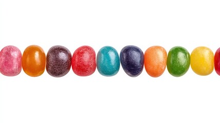 A row of vibrant jelly beans, each with its unique color, neatly arranged for a delightful visual. Their smooth texture and playful colors offer a taste of sweetness