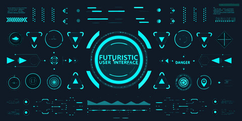 Futuristic user interface elements and hud display with cyan neon glow on dark background © SreemotiRaba