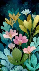 A collection of colorful flowers and leaves with aesthetic look