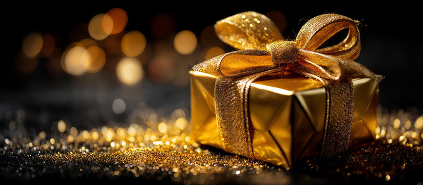 Luxury gift box with golden ribbon bow on black background with sparkling glitter particles Black Friday sale concept holiday present promotional banner festive celebration - Powered by Adobe