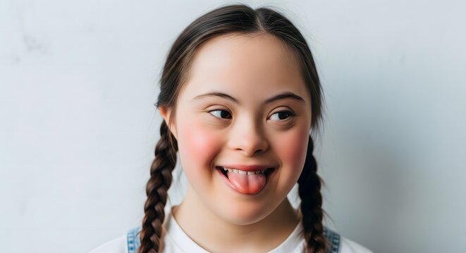 Cheerful young girl with Down syndrome sticking out her tongue displaying joyful innocence and playful spirit against a plain background