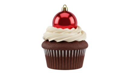 Cupcake with red ornament on white background