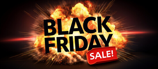 Black Friday explosion sale banner with bold text design promotional advertising discount announcement retail marketing shopping event urgent promotion dramatic presentation