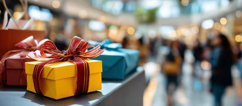 Dynamic Black Friday promotional banner overlooking bustling shopping mall faceless shoppers eagerly exploring discounts deals retail excitement energy major shopping event con