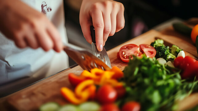 A close-up captures a person in an apron slicing colorful fresh vegetables, including tomatoes and bell peppers, on a wooden cutting board, preparing a healthy meal.