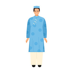 Isolated Vietnamese man wearing blue ao dai and traditional hat on white background vector illustration