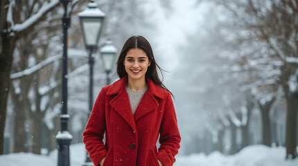 Young woman smiling in red coat walking in snowy park during winter  