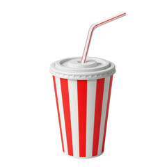 Red and white striped soda cup with straw isolated on transparent background for refreshment