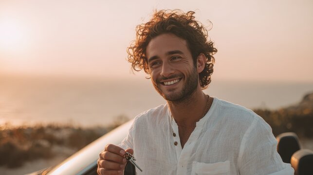 Smiling Man in Convertible by Seaside Receiving Car Keys