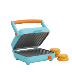 Blue panini press with burgers isolated on transparent background for delicious homemade meals