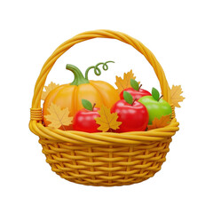 Basket isolated on transparent background filled with a pumpkin and several apples