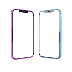 Two modern smartphones with blank screens isolated on transparent background, mockup concept