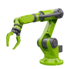 Green robotic arm with a gripper isolated on transparent background for industrial use