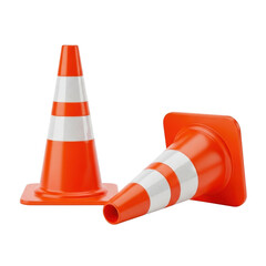 Two vibrant orange traffic cones with white stripes isolated on transparent background