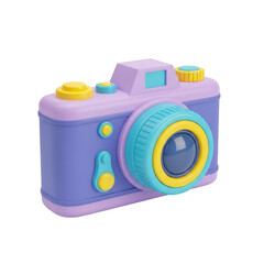 Cute purple camera with yellow accents isolated on transparent background for photography