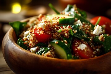 Fresh green salad with avocado leaves and cucumber served on white plate