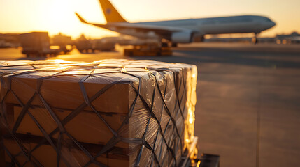 Cargo secured for flight at golden hour. Logistics, shipping, and transportation efficiency are key. Focus on secure packaging and swift delivery for global trade.