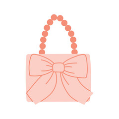 Chic pink handbag with decorative bow and beaded handle on white isolated background vector illustration
