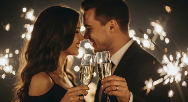 Happy couple celebrating with champagne and sparklers on a festive night