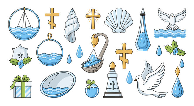 Set of baptismal symbols including doves, crosses, and holy water