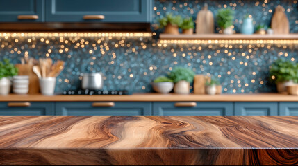 Wooden countertop in modern kitchen with blue cabinetry, sparkling lights, and decorative plants creating a warm and inviting atmosphere for culinary activities