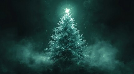 Glowing Christmas tree in green mist with shining star on top, futuristic digital artwork combining holiday spirit, fantasy light and elegant sci-fi atmosphere for modern festive design