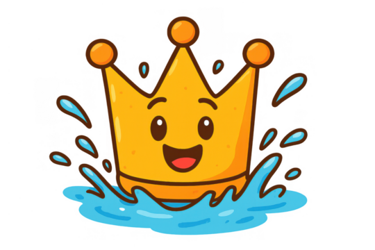 Happy cartoon golden crown character splishing in water, symbolizing royalty, power, and fun, with transparent background - Powered by Adobe