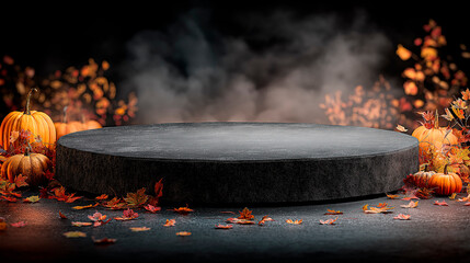 Circular podium surrounded by vibrant autumn leaves and pumpkins, with a smoky background creating a dramatic atmosphere for seasonal displays and presentations